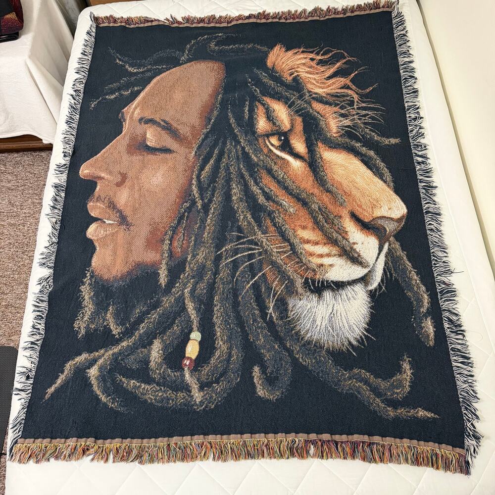 Bob Marley Lion Woven Tapestry Throw Blanket Reggae Rasta Vintage Fringe 4'10"